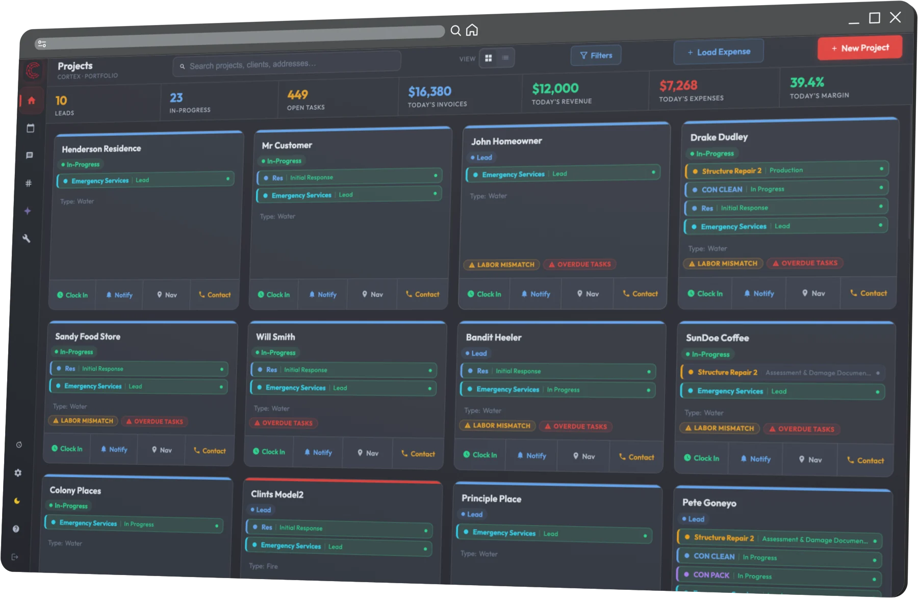 The Cortex project portfolio on a desktop screen. Every active job is a card carrying its status, the crew assigned to it and its running totals, so the office and the field read the same board.