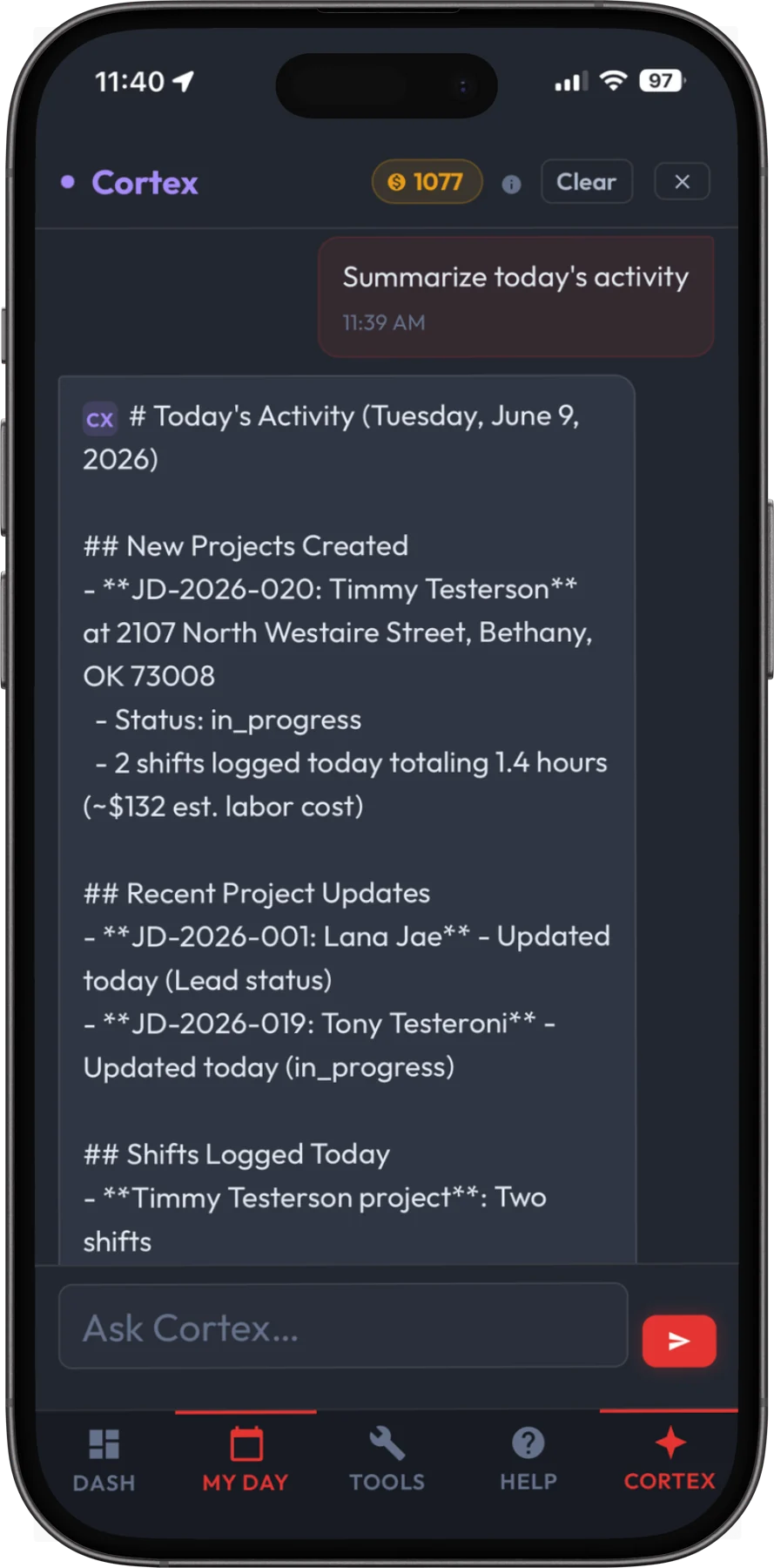 Cortex Copilot on a phone, answering a request to summarise today's activity with the new projects created, recent project updates and the shifts logged that day.