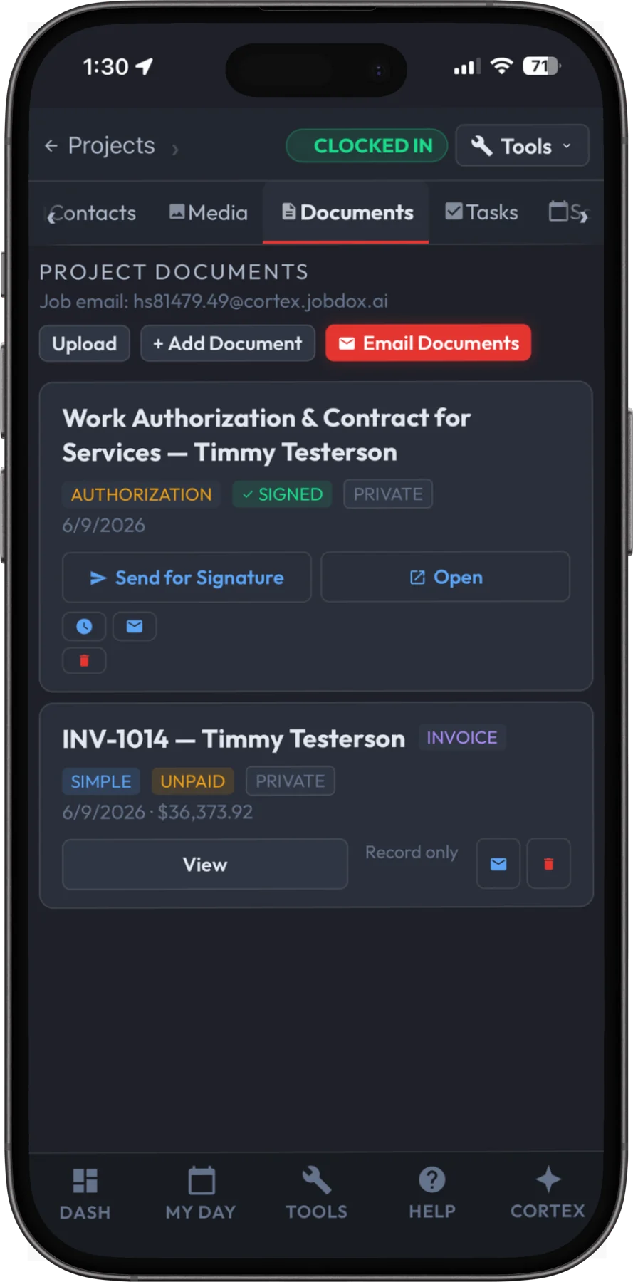 The Cortex documents screen on a phone. A work authorization and contract is marked signed, with a send for signature action beside it, and an invoice filed against the same project.