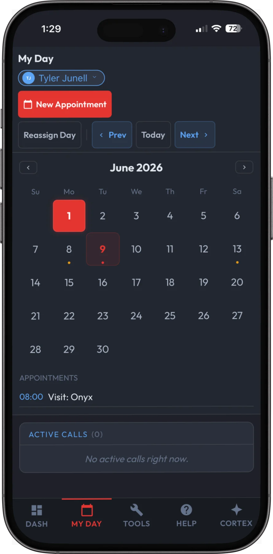 The My Day screen on a phone, showing a month calendar with today selected, the appointments booked for that day, and a panel listing active calls.